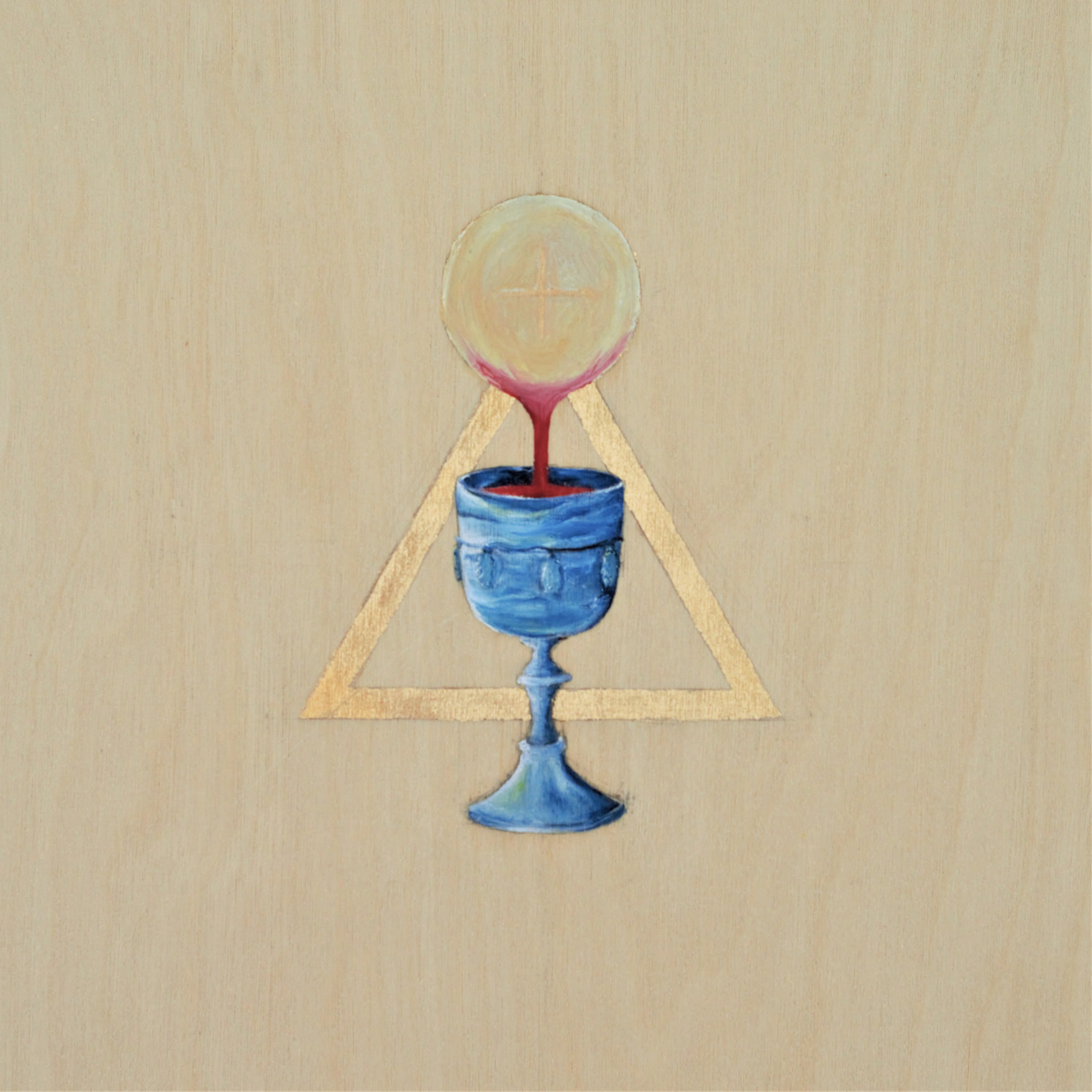 An icon in gold leaf and oils on birch, depicting a communion wafer dipped into a cup of wine